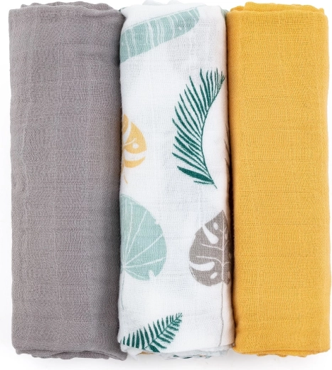 Petite&Mars lot de langes en mousseline de bambou Moussy Ochre Leaves 3 pcs 68 × 68 cm