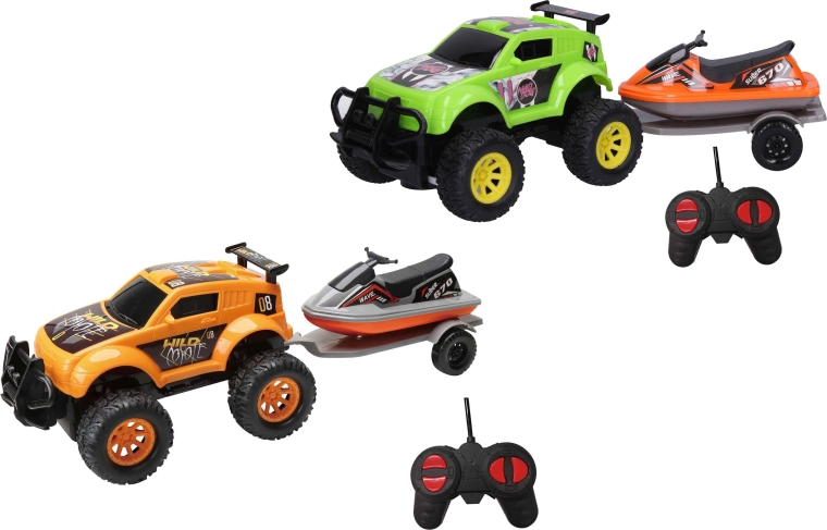 Voiture tout-terrain radiocommandée avec jet-ski sur remorque