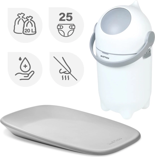 NATTOU seau à couches Dropy et matelas à langer Softy White/Grey 50 × 70 cm