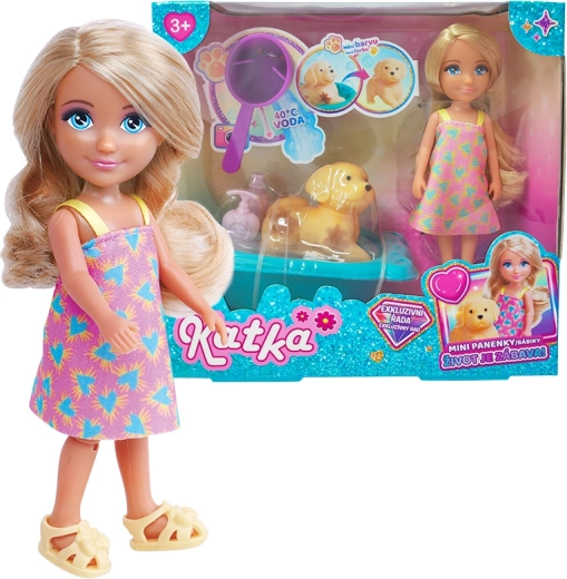 Poupée Katka avec chien et baignoire