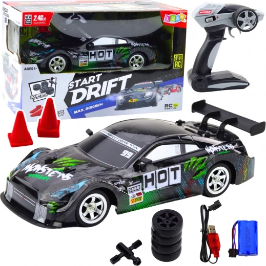 Voiture RC de course pour drift noir-vert 30 km/h 1:16
