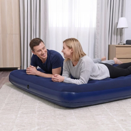 Matelas gonflable deux places avec surface en velours, bleu, 203 × 152 × 22 cm