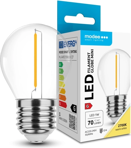 Modee LED filament mini ampoule G45 1W E27, blanc chaud 2700K, 70 lm