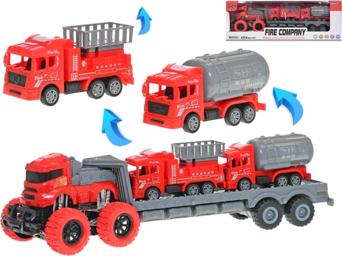 Tracteur avec semi-remorque à inertie avec véhicules de pompiers