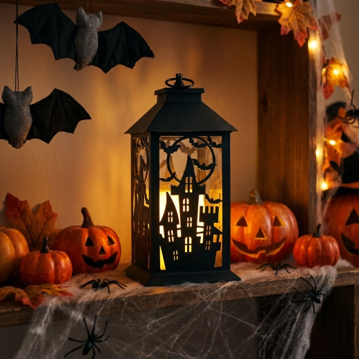 Lanterne clignotante d’Halloween avec château, à piles