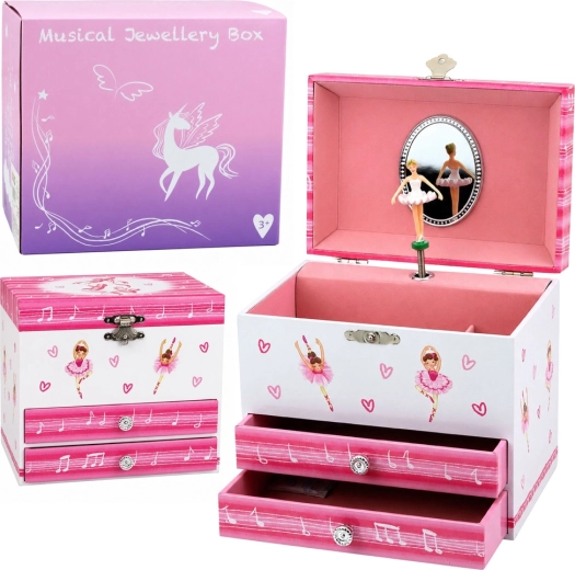 Boîte à bijoux musicale avec ballerine, miroir et tiroirs - 1 pièce