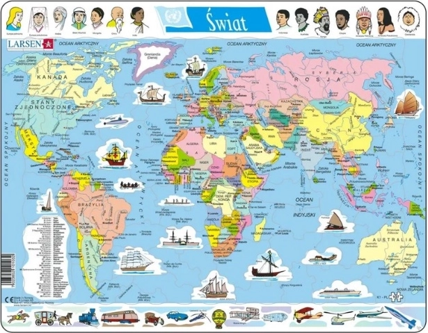 Larsen Monde – carte politique (puzzle éducatif encadré, version polonaise)