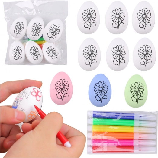 Œufs de Pâques en polystyrène à peindre avec motif floral, 6 pièces avec feutres