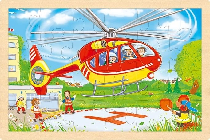 Puzzle en bois recto-verso pompiers et hélicoptère 24 pièces Goki