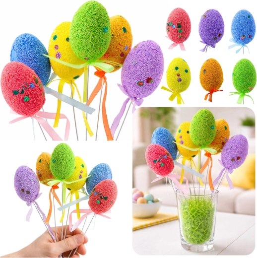Oeufs de Pâques sur tige avec feuilles et petit nœud, lot de 6 pièces