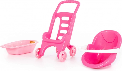 Ensemble rose pour poupées avec poussette, siège auto et petite baignoire