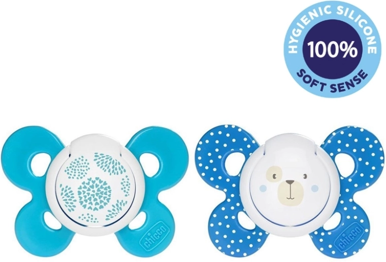 Chicco sucette Physio Comfort en silicone 6–16 mois, motifs bleus, 2 pièces