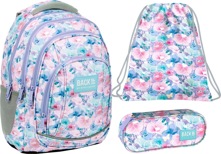 Set scolaire BackUP Fleurs printanières 3-en-1 – sac à dos, trousse et sac