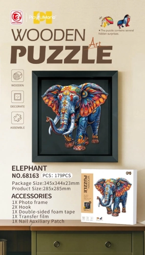 Puzzle en bois éléphant, 179 pièces, avec cadre