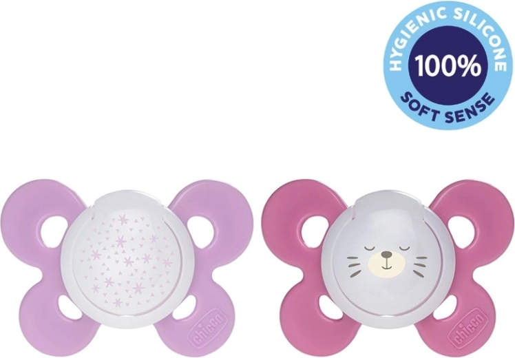 Chicco sucette Physio Comfort nuit en silicone 16–36 mois, fille, étoiles et ourson, 2 pièces