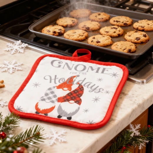 Ensemble de cuisine de Noël avec torchon et maniques, motif lutin