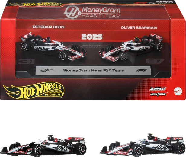 Hot Wheels Premium Formula 1 MoneyGram Haas – set de 2 modèles métalliques F1 Ocon et Bearman