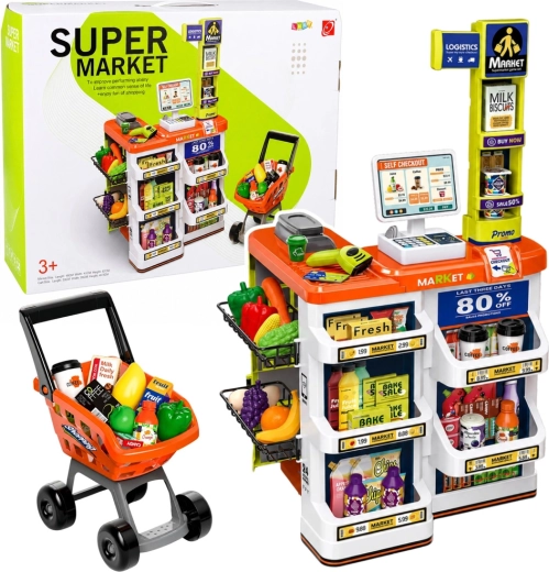 Supermarché pour enfants avec caisse, scanner et chariot (env. 60 pièces)