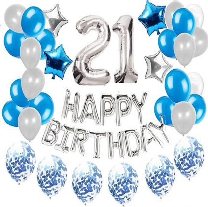 Ensemble de ballons pour le 21ème anniversaire - argentés et bleus