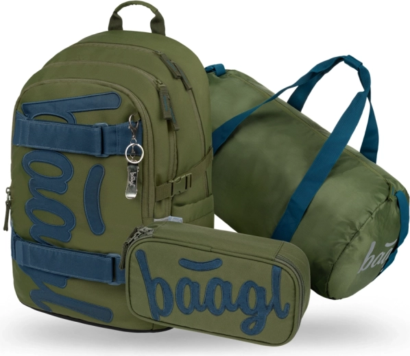 Baagl set 3 Skate Olive – sac à dos scolaire, trousse et sac de sport pliable GRS