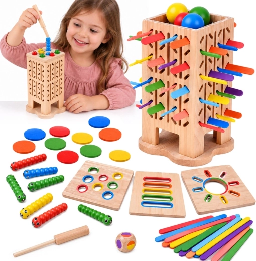 Jeu éducatif en bois 5 en 1 avec tour, billes et baguettes