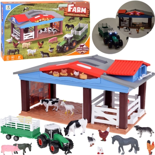 Ferme pour enfants avec animaux, tracteur et remorque avec lumière et sons