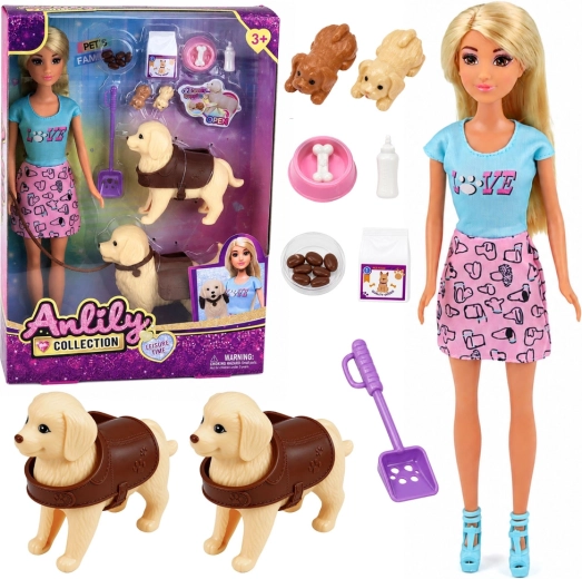 Ensemble de poupée Anlily avec deux petits chiens et accessoires de soin des animaux 30 cm