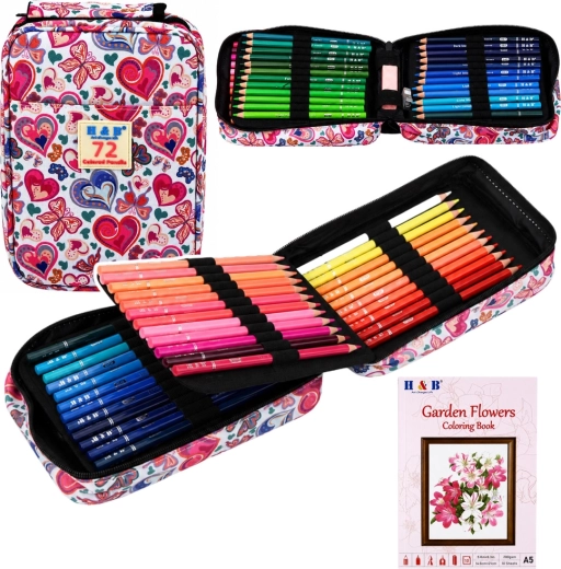 Trousse à crayons à 3 compartiments avec 72 crayons de couleur, taille-crayon, gomme et coloriage fleurs