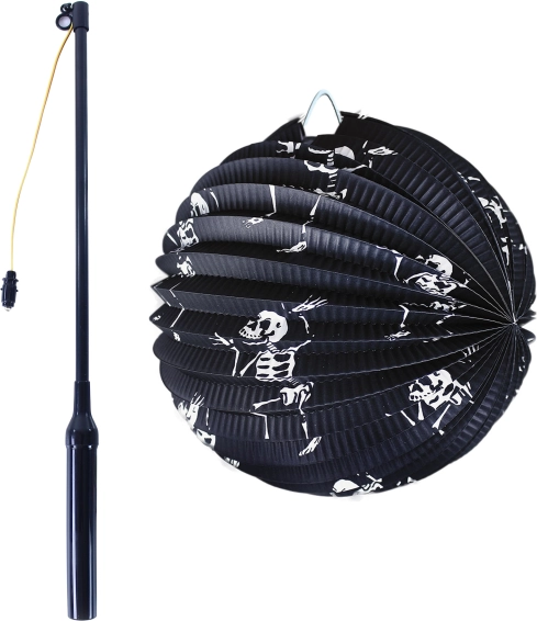 Lampion d’Halloween avec motif de squelette 25 cm avec baguette lumineuse 50 cm