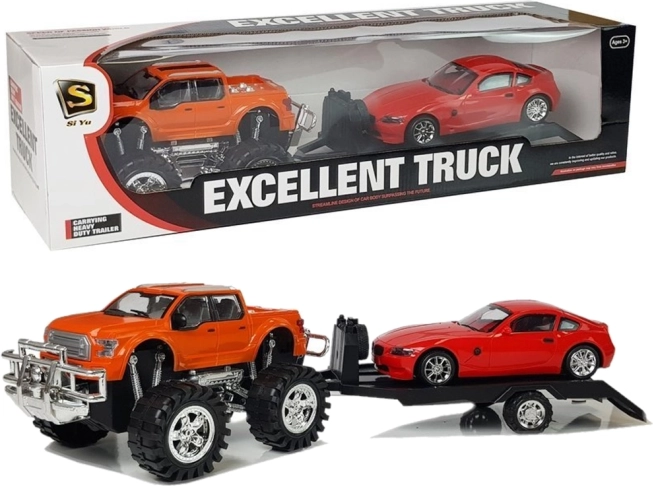 Ensemble de véhicules : monster truck orange avec remorque de dépannage et voiture de sport rouge 58 cm