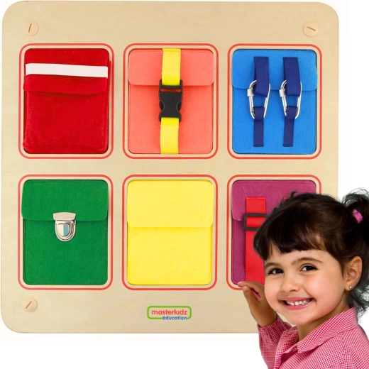 Planche de manipulation en bois MASTERKIDZ Flex avec poches colorées et systèmes de fermeture