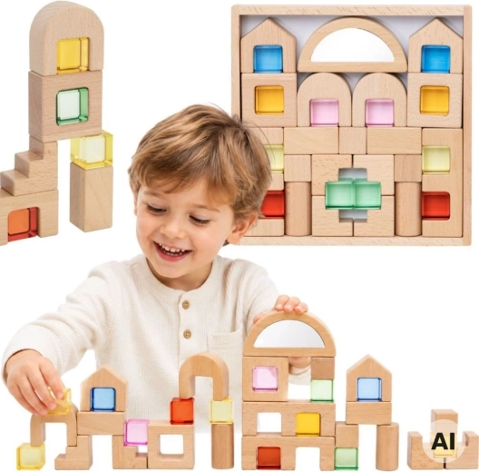 Blocs de construction en bois Viga avec fenêtres colorées – 32 pièces