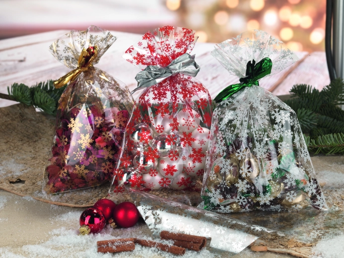 Sachet en cellophane 20 × 32 cm avec motif flocons, transparent