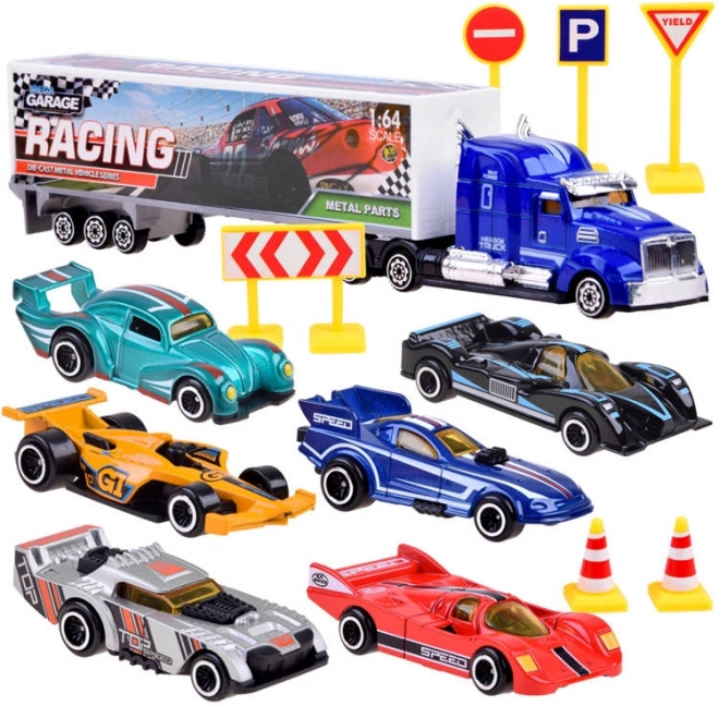 Ensemble de voitures métalliques coureurs avec panneaux