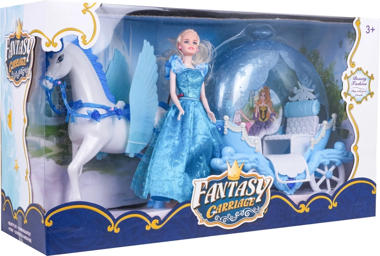 Carrosse féerique avec cheval ailé et poupée