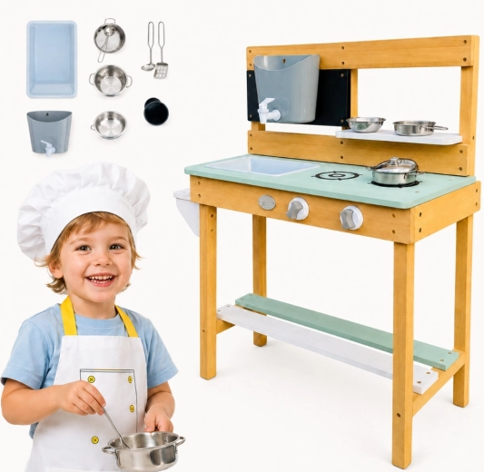 Grande cuisine de jardin en bois AXI avec réservoir d’eau et accessoires