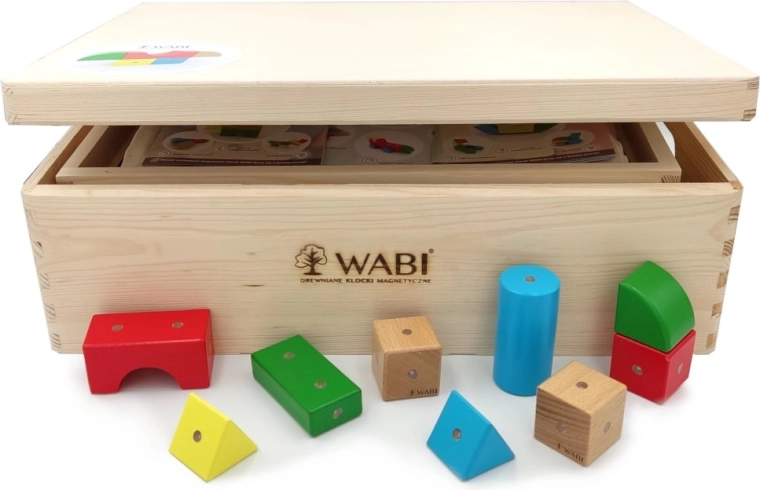 Blocs magnétiques en bois WABI – set éducatif 120 pièces avec base magnétique 3+