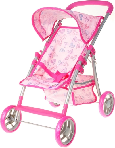 Poussette canne pour poupée rose avec petits cœurs et panier