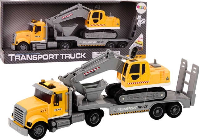 Camion jaune avec une pelleteuse sur chenilles avec lumières et sons