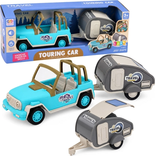 Véhicule tout-terrain avec caravane et sons – set de voyage bleu