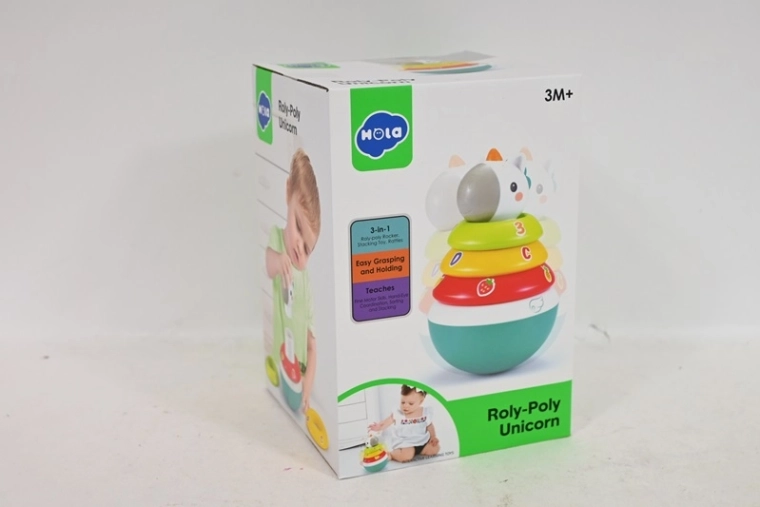 SmilyP licorne 3-en-1 : pyramide à empiler, jeu d’encastrement, hochet et culbuto