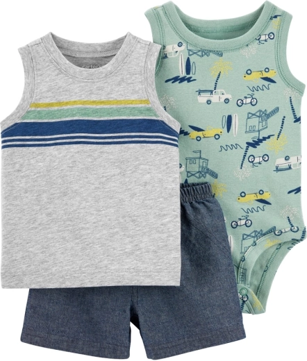 Ensemble 3 pièces Carter’s pour garçons – body sans manches, débardeur et short Grey Cars (24 m)