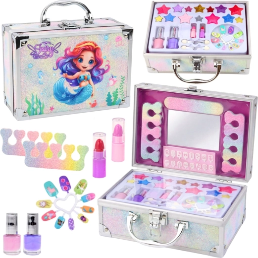 Trousse cosmétique pailletée à motif sirène – coffret maquillage et manucure pour enfants