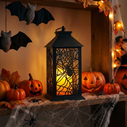 Lanterne LED clignotante d'Halloween avec araignée, à piles