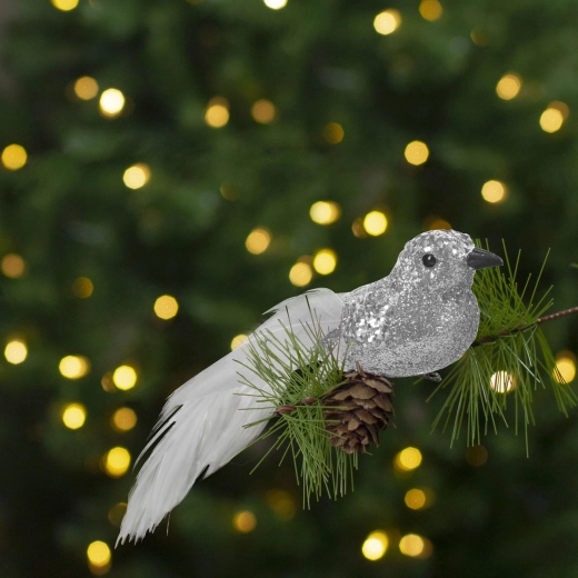 Oiseau de Noël scintillant avec pince, argenté - 2 pièces