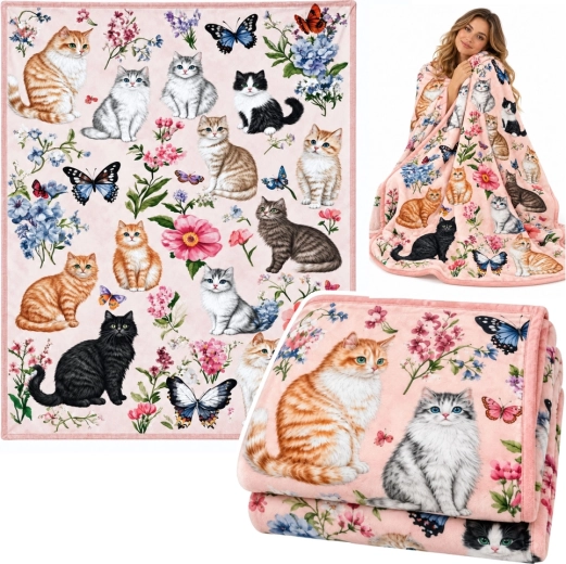 Plaid décoratif doux avec des chats, des fleurs et des papillons 150 × 100 cm