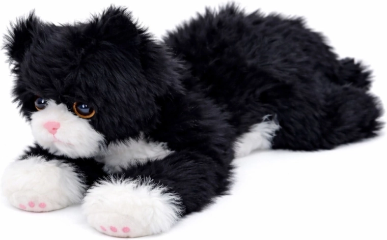 Chat en peluche allongé noir‑et‑blanc 38 cm