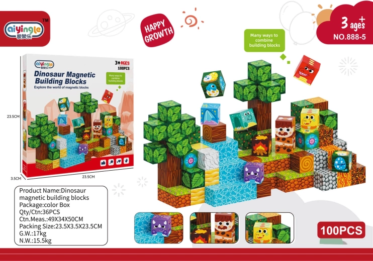 Cubes de construction magnétiques 3D avec motif dinosaures – 100 pièces