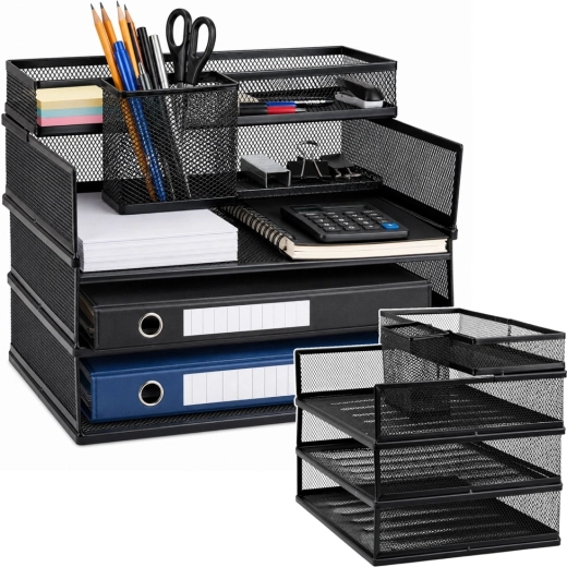 Organiseur de bureau métallique à plusieurs niveaux pour documents et accessoires, noir