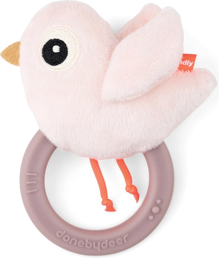 Hochet sensoriel avec anneau de dentition Birdee rose Done by Deer